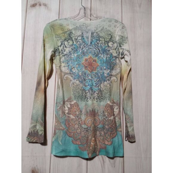 Kiara Shirt Ladies Small Green Long Sleeve V-Neck Boho Y2K Studded - Picture 2 of 7